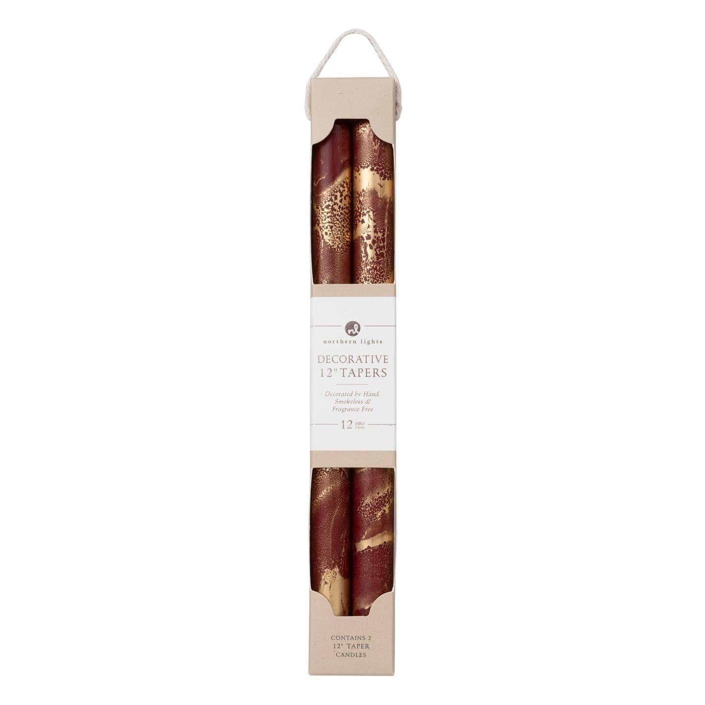 Decorative 12" Taper Candles | Bordeaux & Gold